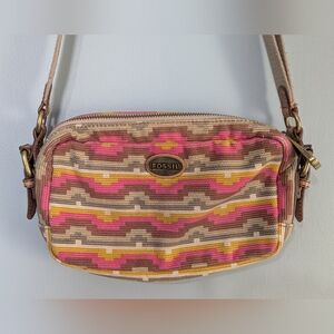 Fossil Vintage‎ Explorer Tapestry Western Patterned Leather Accent Crossbody Bag